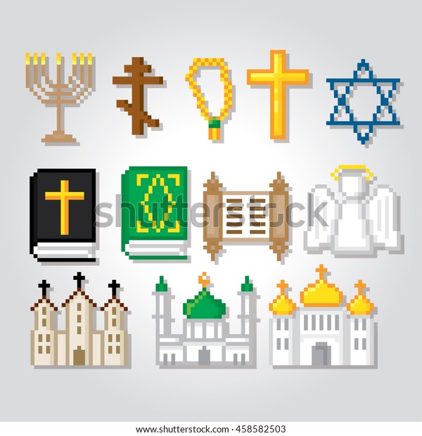 Religion icons set. Pixel art. Old school\
computer graphic style. Games\
elements.
