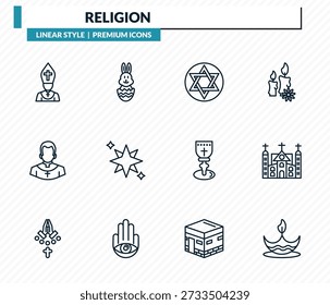 conjunto de ícones de religião - papa, coelho da páscoa, judaísmo, mosteiro, diwali esboço coleção de vetores.