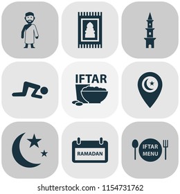 Religion icons set with rug, menu, mubarak and other kareem elements. Isolated vector illustration religion icons.