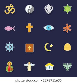 Religion icons set stikers collection vector with shadow on purple background