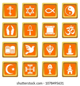 Religion icons set vector orange square isolated on white background 