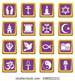 Religion icons set vector purple square isolated on white background 