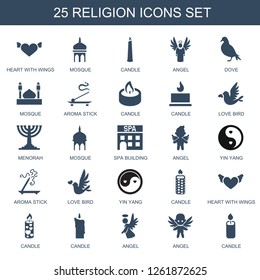 religion icons. Trendy 25 religion icons. Contain icons such as heart with wings, mosque, candle, angel, dove, aroma stick, love bird, menorah. religion icon for web and mobile.