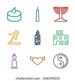 religion icons. Trendy 9 religion icons. Contain icons such as yin yang, heart with wings, candle, spa building, aroma stick, menorah. religion icon for web and mobile.
