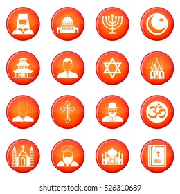 Religion icons vector set of red circles isolated on white background