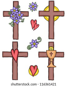 Religion - illustration of crosses with heart, flower, sun and chalice