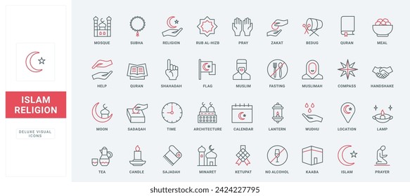 Religion of Islam line icons set. Muslim calendar for fasting, lantern and mosque, Ramadan Kareem and reading Quran. Islamic culture and prayers thin black and red outline symbols, vector illustration