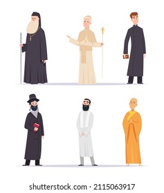 Religion leader. Hindus christianity characters arabic persons monk priest guru exact vector flat people in cartoon style