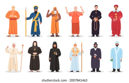 Religion leader and religious priest of different confession. Set of various faith belief prayer in muslim, christian, judaism, buddhism mantle uniform vector illustration isolated on white background