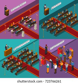 Religion leaders and people believers isometric design concept including catholicism, orthodoxy, judaism, lutheranism isolated vector illustration