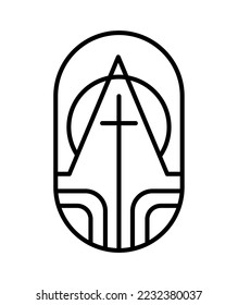 Religion line cross, and building. Alpha and Omega. Holy God come to people. Vector Logo church Icon Illustration Isolated. Jesus Christ on Calvary is center christianity.