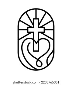 Religion line cross and heart Vector Logo church Icon Illustration Isolated. Jesus Christ on Calvary is center christianity. God loves people.