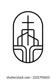 Religion line cross on building church Vector Logo Icon Illustration Isolated. Jesus Christ on Calvary is center christianity. God forgiveness for people.