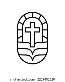 Religion line cross and open book Vector Logo church Icon Illustration Isolated. Jesus Christ on Calvary is center christianity. God forgiveness for people.