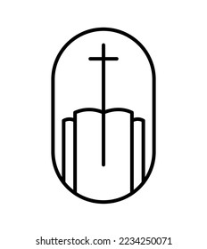 Religion line cross and open book or building of church. Vector Logo icon Illustration Isolated. Jesus Christ on Calvary is center christianity. God forgiveness and love for people.