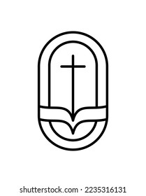 Religion line cross and open book Bible in church. Vector Logo icon Illustration Isolated. Jesus Christ on Calvary is center christianity. God forgiveness and love for people.