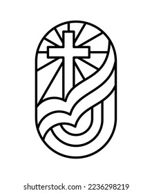 Cruz de la línea religiosa y libro abierto Biblia en la iglesia. Ilustración aislada del icono del logotipo del vector. Jesucristo en el Calvario es cristianismo central. Dios perdón y amor por la gente.