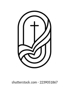 Religion line cross and open book Bible in church. Vector logo icon illustration isolated. Jesus Christ on Calvary is center christianity. God forgiveness and love for people.