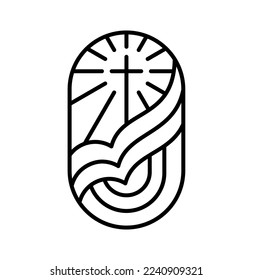 Religion line cross and open book Bible in church. Vector logo icon illustration isolated. Jesus Christ on Calvary is center christianity. God forgiveness and love for people.