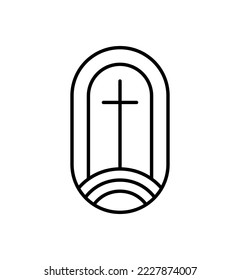 Religion line cross Vector Logo church Icon Illustration Isolated. Jesus Christ on Calvary is center christianity. God forgiveness for people. Suitable for Web Design App.