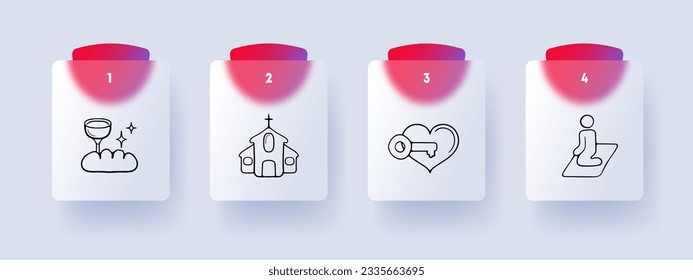 Icono de línea religiosa. Pan, vino, comunión, templo, oración, iglesia, persona. Estilo de glasmorfismo. Icono de línea de vector para empresas