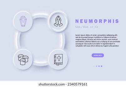 Religion line icon. Bread, wine, communion, ritual, cross, coffin, funeral, cemetery. Neomorphism style. Vector line icon