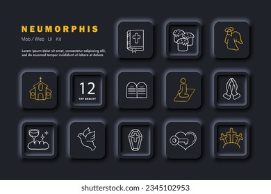 Religion line icon. Church, Christianity, dove, coffin, bible, easter, prayer. Neomorphism style. Vector line icon for Business