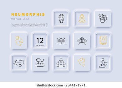 Religion line icon. Church, communion, bread, wine, prayer, Easter, Easter cake, cemetery, cross. Neomorphism style. Vector line icon