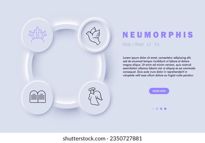 Religion line icon. Graves, angel, dove, peace, cross, hill, tombstone. Neomorphism style. Vector line icon