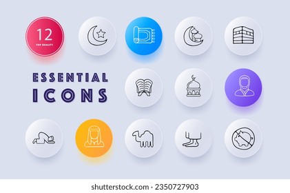 Religion line icon. Islam, hijab, camel, haram, halal, pork ban, ritual. Neomorphism style. Vector line icon