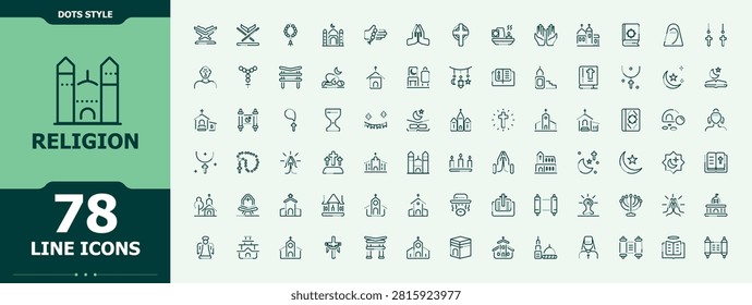 Religion line icon set. Pictograms of christ, islamic, christian, catholic, faith, pray and more. Prayer line icon set. Simple line vector icons. Minimalist Vector illustration.