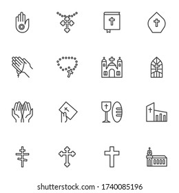 Religion line icons set, christianity outline vector symbol collection, linear style pictogram pack. Signs, logo illustration. Set includes icons as crucifix cross, prayer hands, church building