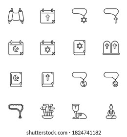 Religion line icons set, outline vector symbol collection, linear style pictogram pack. Signs, logo illustration. Set includes icons as holy bibble, islamic quran book, rosary beads, Hebrew Bible