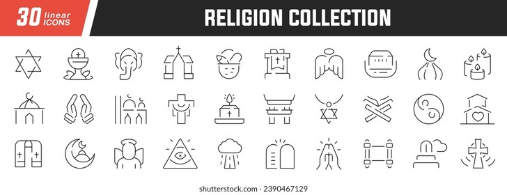 Lineare Symbole der Religion. Sammlung von 30 Symbolen auf Schwarz