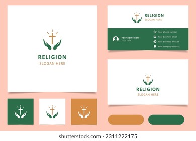 Diseño del logo religioso con un lema editable. Libro de promoción de marca y plantilla de tarjeta de visita.