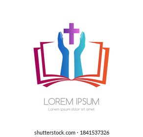 Religion logo. Hands with cross and open book. Church, christian, baptist vector emblem.