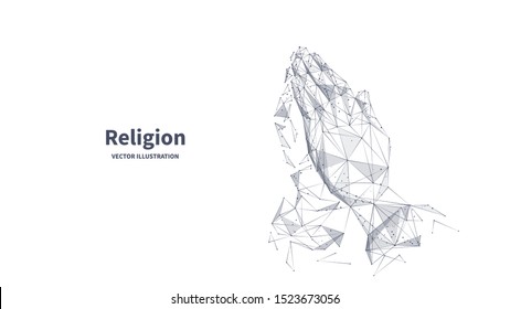 Religion low poly wireframe banner template. Polygonal prayer process, god appeal, faith power, believer hands mesh art illustration. 3D human wrists, folded handbreadths with connected dots