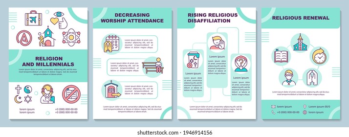 Religion and millennials brochure template. Religious renewal. Flyer, booklet, leaflet print, cover design with linear icons. Vector layouts for magazines, annual reports, advertising posters