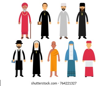 Ministros de religión establecidos, representantes del budismo, representantes del catolicismo, islam, ortodoxia, hinduismo, religiones del judaísmo vectores Ilustraciones