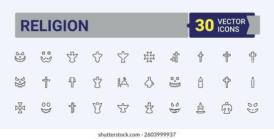 Religion modern icon set. Related to religious, catholic, prayer, church, islamic and more. Vector icons collection. Pray linear icon collection. Editable stroke. Vector collection.