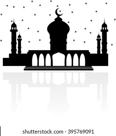 Religion mosque with Crescent moon and stars, and a reflection