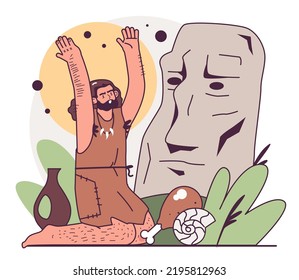 Origen religioso. Los caballeros adoran a un dios en el altar. Ofertas y sacrificios práctica ritual. Teoría de la evolución humana. Ancianos de la humanidad, concepto de estudio de la antropología. Ilustración vectorial plana