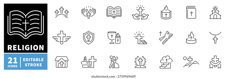 Religion outline icon set with editable stroke. thin line style symbols of faith, worship, spirituality, and church