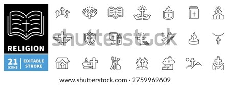 Religion outline icon set with editable stroke. thin line style symbols of faith, worship, spirituality, and church