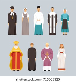 Religion people characters set, men and women of different religious confessions in traditional clothes