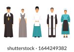 Religion People Characters in Traditional Clothes Collection, Mormon, Shinto Priest, Mennonite or Amich, Catholic Priest Vector Illustration