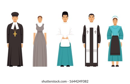 Religion People Characters in Traditional Clothes Collection, Mormon, Shinto Priest, Mennonite or Amich, Catholic Priest Vector Illustration