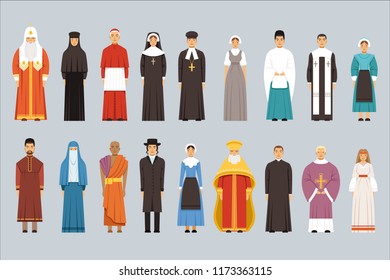 Religion People Set, Men And Women Of Different Religious Confessions In Traditional Clothes