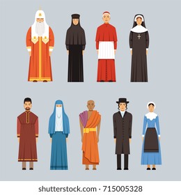 Religion people set, men and women of different religious confessions in traditional clothes