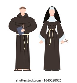 Religion people wearing specific uniform. Male and female religious figure. Christian monk. Flat vector illustration